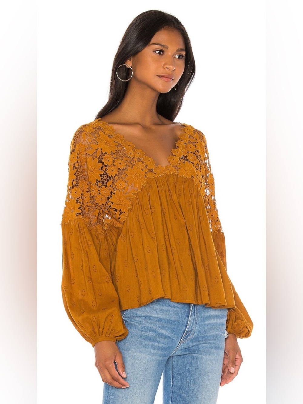 Free People Lina Lace Top in Bronze Floral Crochet Boho Women's Peasant Blouse